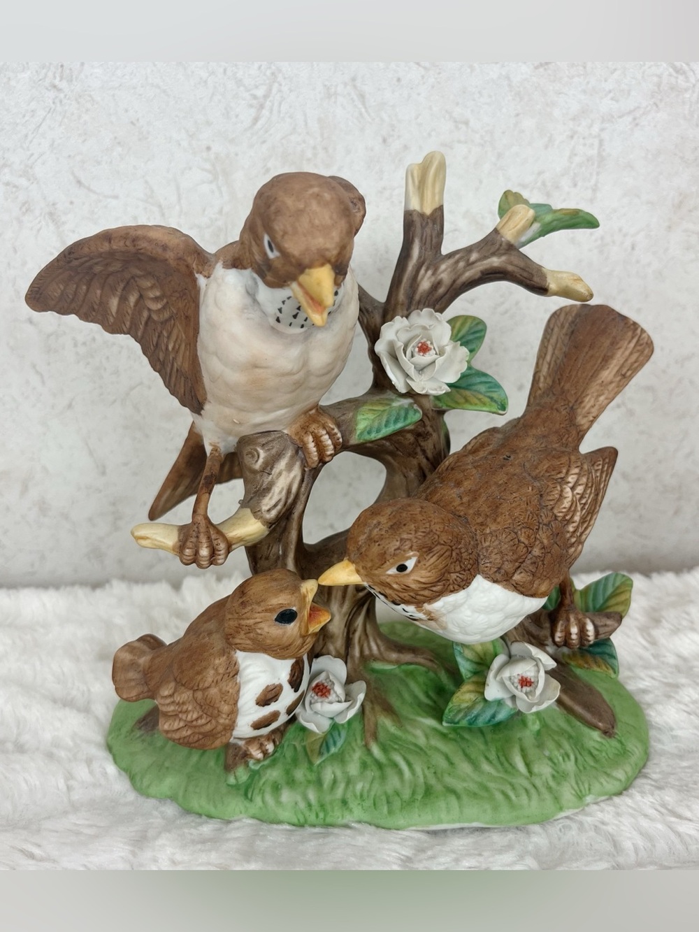 Vintage Ardco Sparrows And Baby Porcelain Figurine White Flowers Mint Cottage